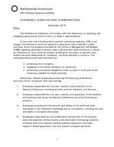 Smithsonian Institution Office of Planning, Management and Budget CONTINGENCY PLANS FOR LAPSE IN APPROPRIATIONS September 2015