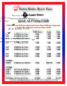 Quick Ad Pricing Guide NMB Times rate $8.00 per column inch, Loris Times $5.00 per column inch. Combo rate NMB times and Loris Times $10.00 1x2	 (1.792 in. by 2 in.)