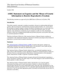 ASHG Statement on Eugenics and the Misuse of Genetic Information to Restrict Reproductive Freedom