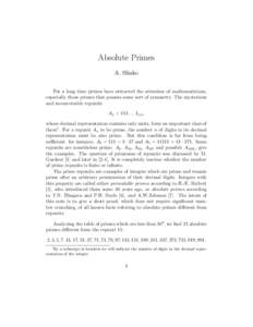 Absolute Primes A. Slinko For a long time primes have attracted the attention of mathematicians,