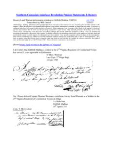 Southern Campaign American Revolution Pension Statements & Rosters Bounty Land Warrant information relating to Griffeth Mathias VAS524 Transcribed by Will Graves vsl 1 VA[removed]