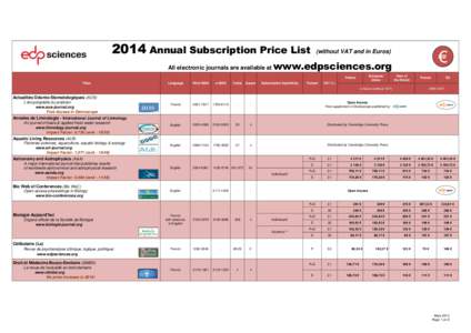 2014 Annual Subscription Price List All electronic journals are available at www.edpsciences.org European Union