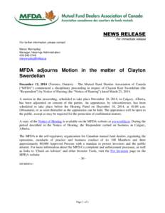 Daily news clippings - MFDA adjourns Motion in the matter of Clayton Swerdelian
