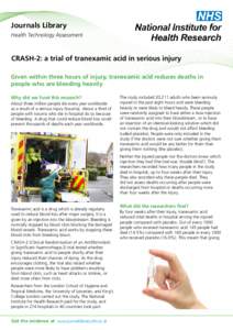 Journals Library Health Technology Assessment CRASH-2: a trial of tranexamic acid in serious injury Given within three hours of injury, tranexamic acid reduces deaths in people who are bleeding heavily