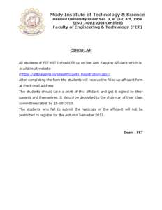 Mody Institute of Technology & Science Deemed University under Sec. 3, of UGC Act, 1956 (ISO 14001:2004 Certified) Faculty of Engineering & Technology (FET)