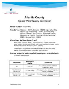 Atlantic County Typical Water Quality Information PWSID Number: NJ[removed]Area Served: Absecon[removed], Cologne[removed], Egg Harbor City 08215, Egg Harbor Twp[removed], Galloway Twp[removed], Linwood[removed], Northf