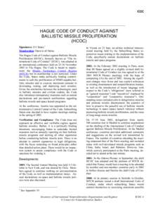 HAGUE CODE OF CONDUCT AGAINST BALLISTIC MISSILE PROLIFERATION (HCOC)