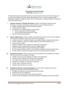   	
   Thomas	
  Nelson	
  Community	
  College	
   TNCC	
  2015:	
  Shaping	
  Our	
  Future	
   	
   The	
  following	
  Strategic	
  Goals	
  identify	
  the	
  direction	
  and	
  institutional	
 