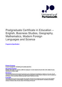 Postgraduate Certificate in Education – English, Business Studies, Geography, Mathematics, Modern Foreign Languages and Science Programme Specification