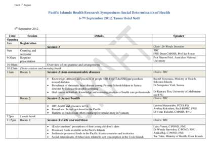 Draft 1st August  Pacific Islands Health Research Symposium: Social Determinants of Health 6-7th September 2012, Tanoa Hotel Nadi 6th September 2012 Time