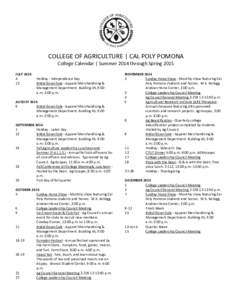 COLLEGE OF AGRICULTURE | CAL POLY POMONA College Calendar | Summer 2014 through Spring 2015 JULY[removed]