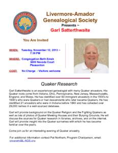Livermore-Amador Genealogical Society Presents ~ Garl Satterthwaite \