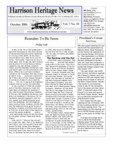 Published monthly by Harrison County Historical Society, PO Box 411, Cynthiana, KY, Vol. 7 No. 10 October 2006