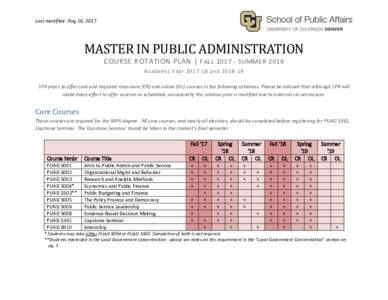 Last modified: Aug 16, 2017  MASTER IN PUBLIC ADMINISTRATION COURSE ROTATION PLAN | FALLSUMMER 2019 Academic YearandSPA plans to offer core and required classroom (CR) and online (OL) courses in