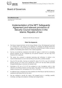 GOVImplementation of the NPT Safeguards Agreement and relevant provisions of Security Council resolutions in the Islamic Republic of Iran