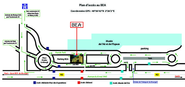 Plan d’accès au BEA Arrivée de Roissy CdG par l’autoroute A1 Coordonnées GPS : 48°56’42’’N 2°26’2’’E