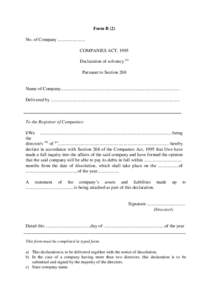 Form B (2) No. of Company ........................ COMPANIES ACT, 1995 Declaration of solvency (a) Pursuant to Section 268