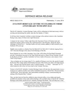 DEFENCE MEDIA RELEASE MECC SQLDWednesday, 11 June, 2014  AVIATION HERITAGE CENTRE TO CELEBRATE THIRD