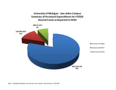 University of Michigan - Ann Arbor Campus Summary of Personnel Expenditures for FY2016 General Funds as Reported in HEIDI $80,151,875 8% $130,891,828