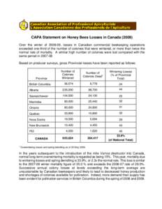 CAPA Statement on Honey Bees Losses in CanadaOver the winter of, losses in Canadian commercial beekeeping operations exceeded one-third of the number of colonies that were wintered, or more than twice the