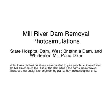 Mill River Dam Removal Photosimulations State Hospital Dam, West Britannia Dam, and Whittenton Mill Pond Dam Note: these photosimulations were created to give people an idea of what the Mill River could look like at the 