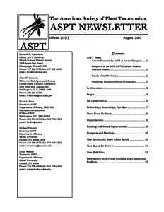 The American Society of Plant Taxonomists  ASPT NEWSLETTER Volume 21 (1)					  ASPT