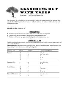 Branching Out with Trees Teacher’s Pre-Trip Information The purpose of the following pre-trip information is to help the teacher prepare and motivate their class for their field trip to the forest preserve and to famil