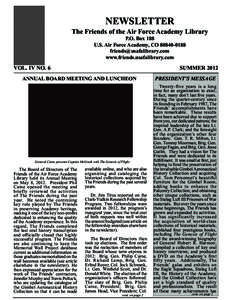 NEWSLETTER  The Friends of the Air Force Academy Library P.O. Box 188 U.S. Air Force Academy, CO[removed]removed]