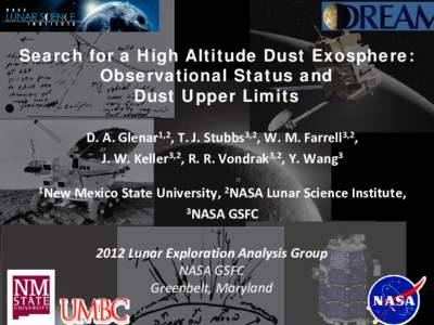 Search for a High Altitude Dust Exosphere: Observational Status and Dust Upper Limits D. A. Glenar1,2, T. J. Stubbs3,2, W. M. Farrell3,2, J. W. Keller3,2, R. R. Vondrak3,2, Y. Wang3 1New