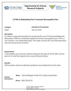 Opportunity for Human Research Subjects LFTMS in Modulating Post-Traumatic Neuropathic Pain  Category