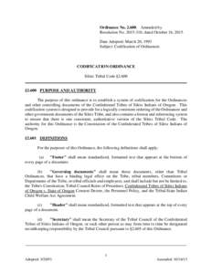 Ordinance NoAmended by Resolution No, dated October 16, 2015. Date Adopted: March 20, 1993 Subject: Codification of Ordinances  CODIFICATION ORDINANCE