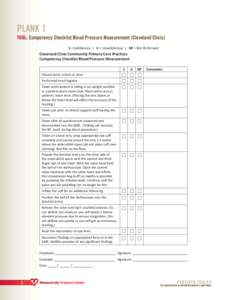 PLANK 1 TOOL: Competency Checklist Blood Pressure Measurement (Cleveland Clinic) S = Satisfactory | U = Unsatisfactory | NP = Not Performed Cleveland Clinic Community Primary Care Practices Competency Checklist Blood Pre