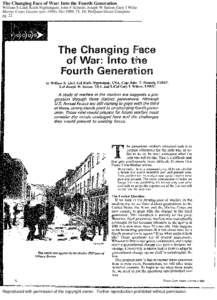 The Changing Face of War: Into the Fourth Generation William S Lind; Keith Nightengale; John F Schmitt; Joseph W Sutton; Gary I Wilso Marine Corps Gazette (pre-1994); Oct 1989; 73, 10; ProQuest Direct Complete pg. 22  Re