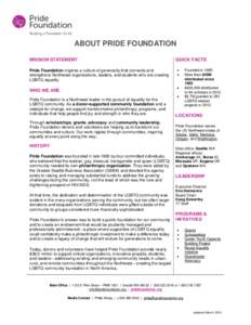 ABOUT PRIDE FOUNDATION MISSION STATEMENT Pride Foundation inspires a culture of generosity that connects and strengthens Northwest organizations, leaders, and students who are creating LGBTQ equality.