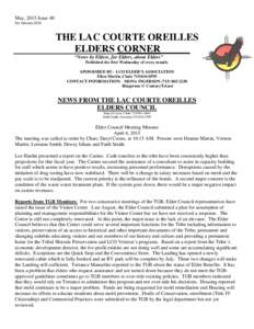 May, 2015 Issue 40 Est. January 2012  THE LAC COURTE OREILLES ELDERS CORNER______ “News by Elders, for Elders, about Elders”