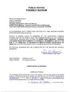 PUBLIC NOTICE  POSSIBLE QUORUM Notice of Possible Quorum Town of Quartzsite Common Council