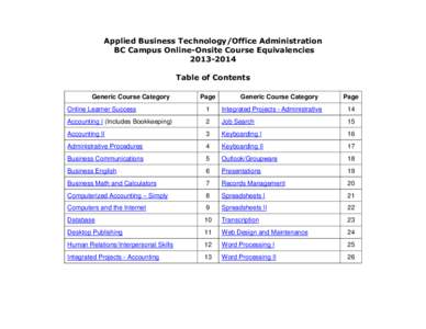 Applied Business Technology/Office Administration BC Campus Online-Onsite Course Equivalencies[removed]Table of Contents Generic Course Category