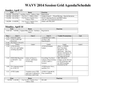 WAVV 2014 Session Grid Agenda/Schedule Sunday, April 13 Time 2:00 PM – 09:00 PM 2:00 PM – 05:30 PM 5:30 PM – 06:45 PM