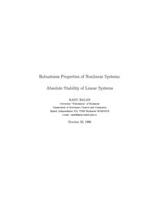 Robustness Properties of Nonlinear Systems: Absolute Stability of Linear Systems RADU BALAN University 