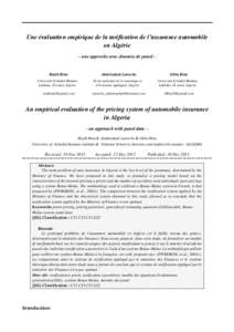 Une évaluation empirique de la tarification de l’assurance automobile en Algérie - une approche avec données de panel - Riadh Rimi Université Echahid Hamma
