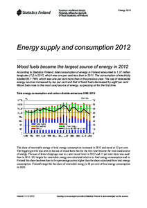 Energy[removed]Energy supply and consumption 2012 Wood fuels became the largest source of energy in 2012 According to Statistics Finland, total consumption of energy in Finland amounted to 1.37 million terajoules (TJ) in 2