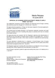Media Release - Approval of Standing Offer Electricity Prices to Apply from 1 July 2014