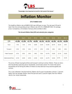 “Knowledge is too important to be left in the hands of the bosses”  Inflation Monitor CPI AT MARCH 2012 The headline Inflation rate at MARCH 2012 was 6.0% year on year. The rate was 0.1% point lower than the correspo
